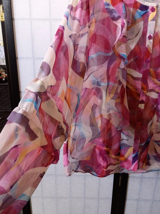 Chico's Pink Multi-Color Ruffle Button-Front Blouse - Picture 3 of 6